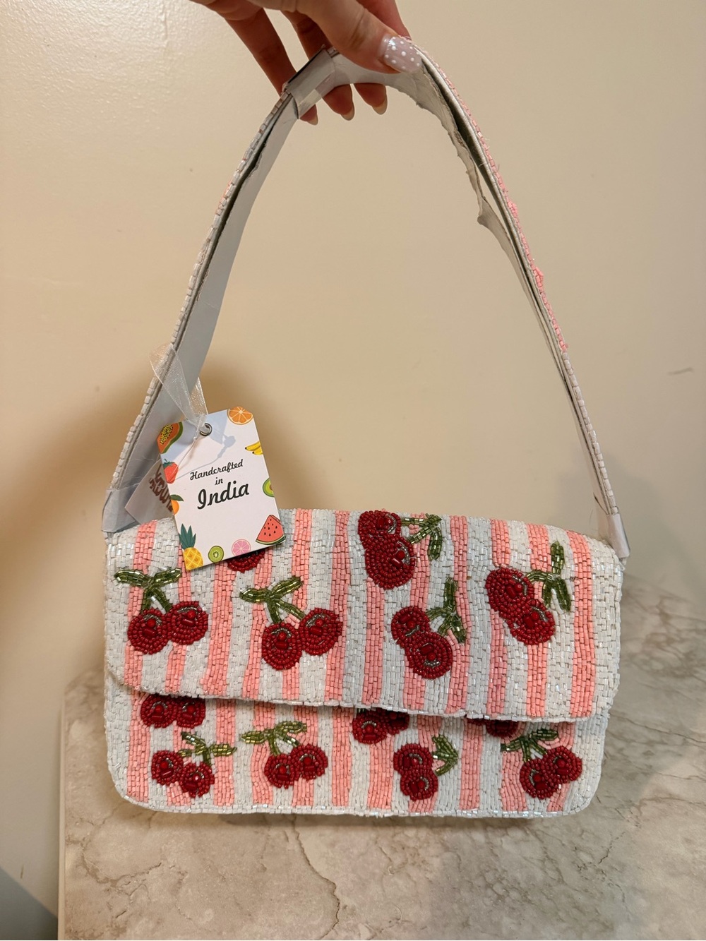 New Cherry Beaded Shoulder Bag - White & Pink